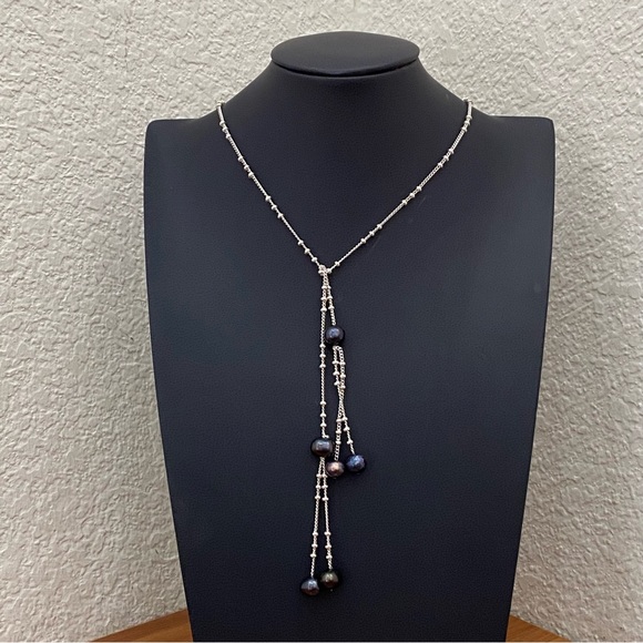 Silver-tone Chain with Freshwater Pearl Beads Lariat 24-Inch Necklace 12.5g - Picture 3 of 13
